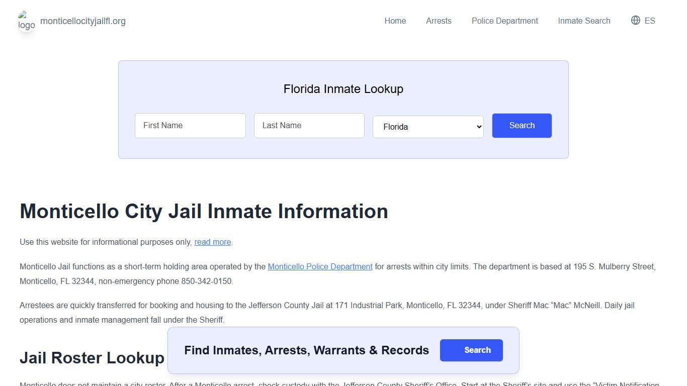 Monticello Jail, FL Inmate Roster, Municipal Jail Info