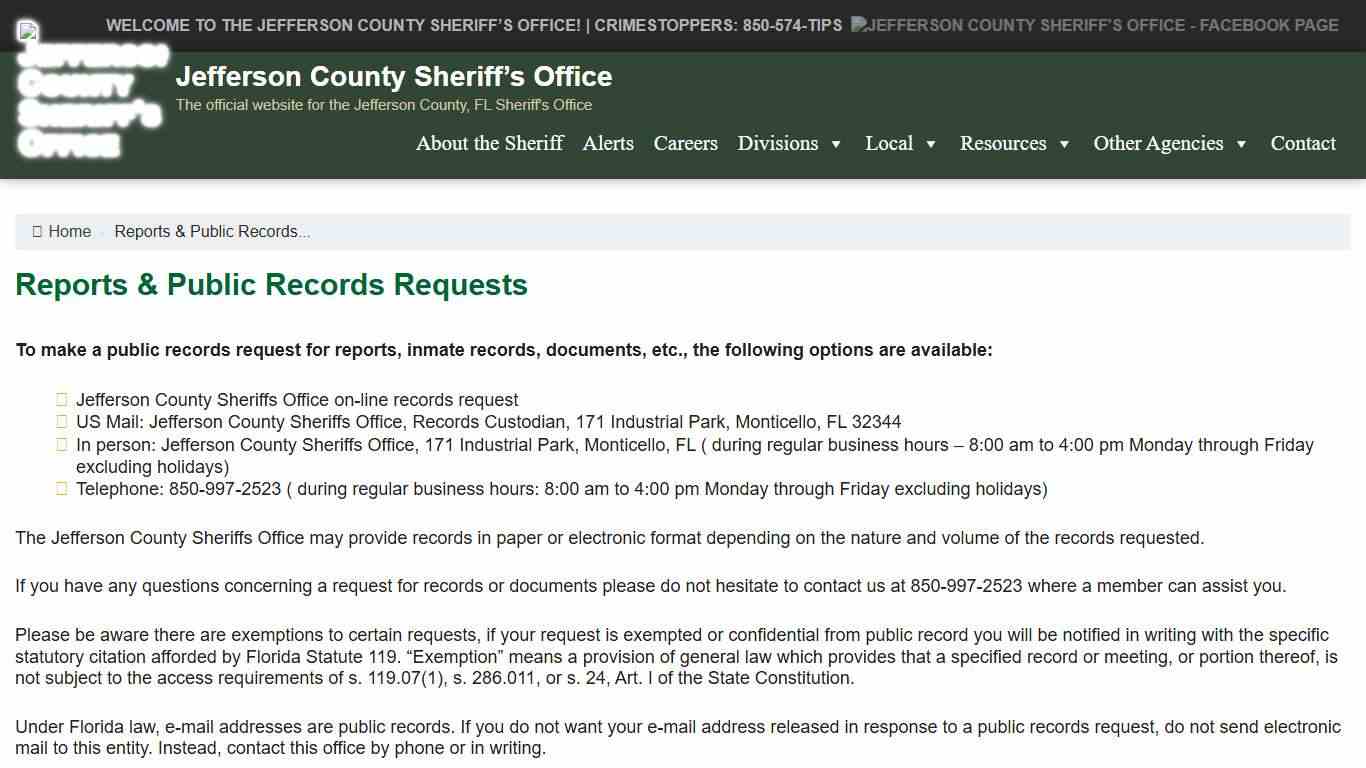 Reports & Public Records Requests – Jefferson County Sheriff’s Office
