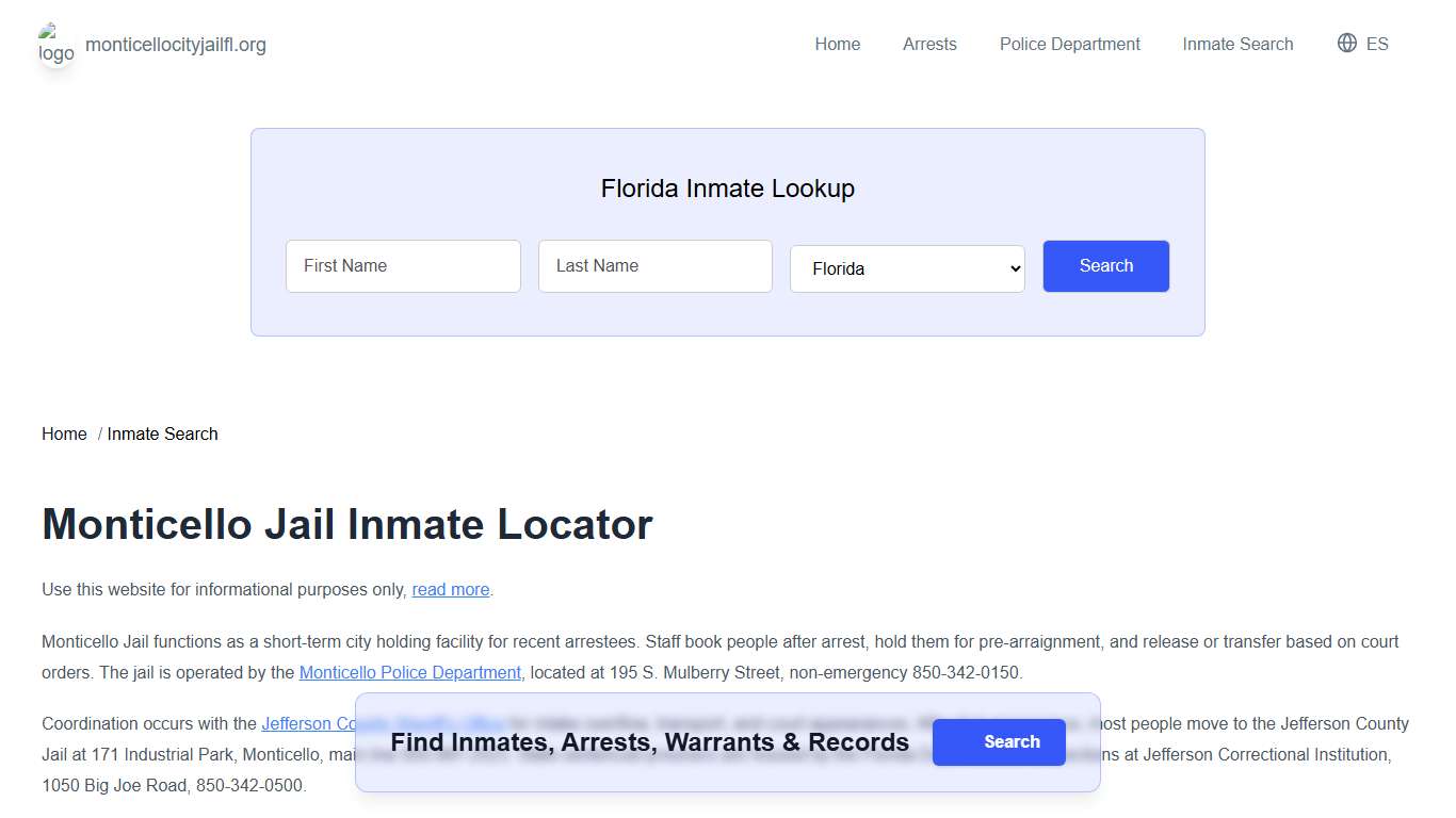 Monticello, FL Municipal Jail Inmate Search
